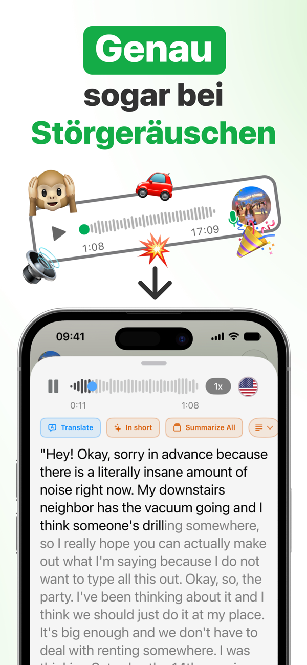 Präzise Transkription einer WhatsApp-Sprachnachricht auch bei Hintergrundgeräuschen