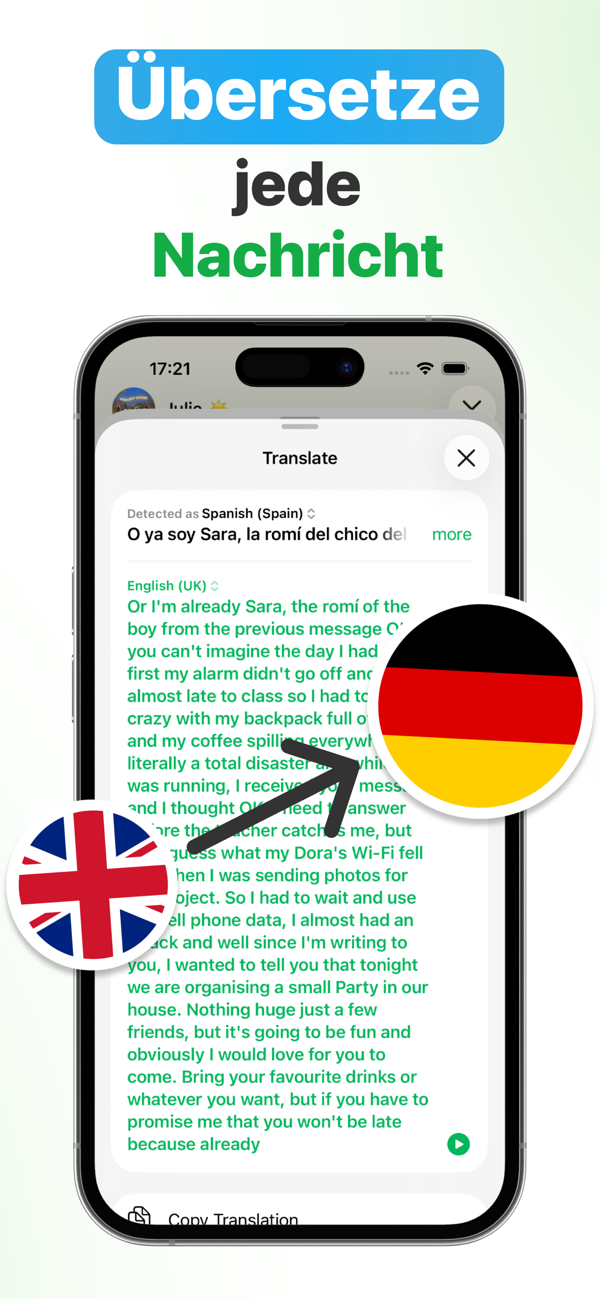 WhatsApp-Sprachnachricht in Echtzeit vom Spanischen ins Deutsche übersetzt