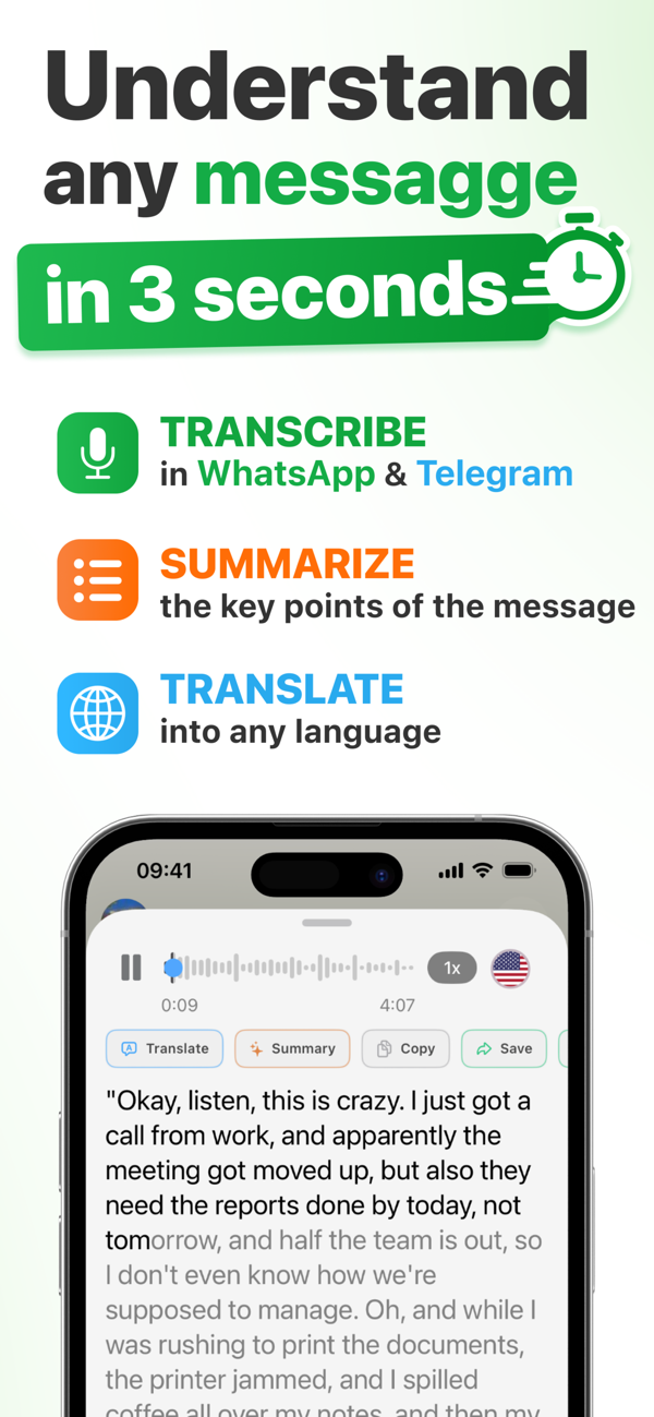 Understand every message in 3 seconds: transcribe, summarize and translate WhatsApp and Telegram voice messages with Matt Transcriber