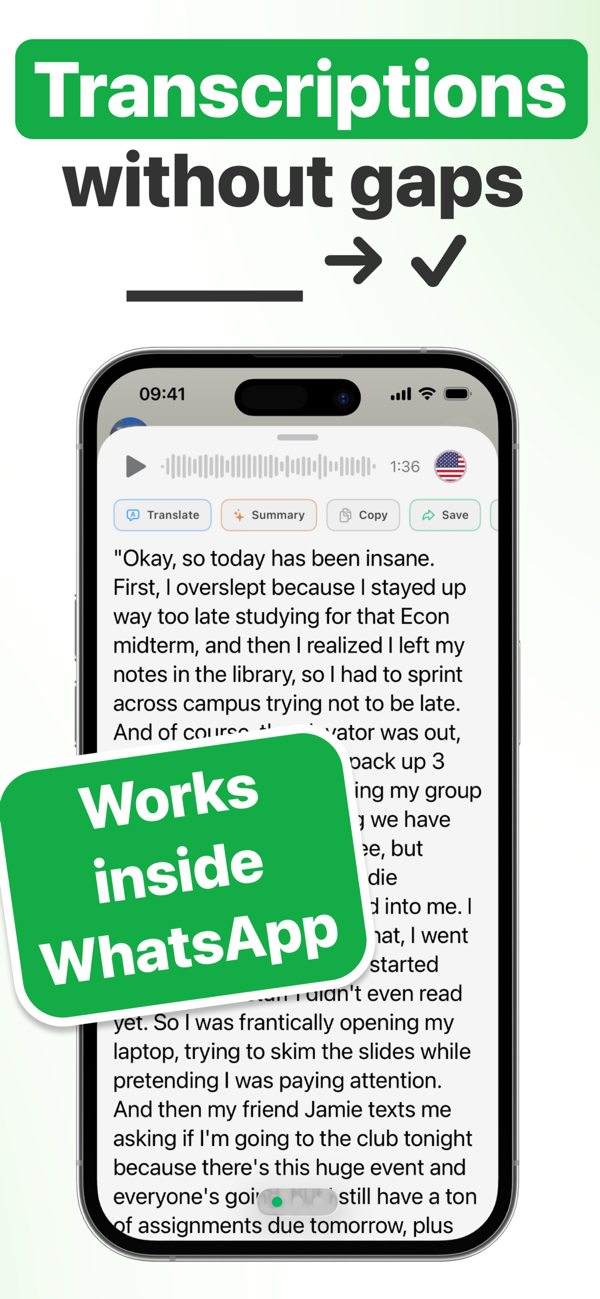 Complete WhatsApp voice message transcription with no skipped words