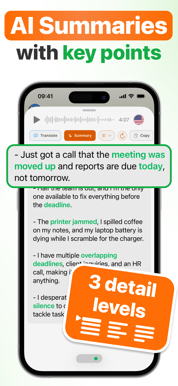 AI summary of a WhatsApp voice message with key points