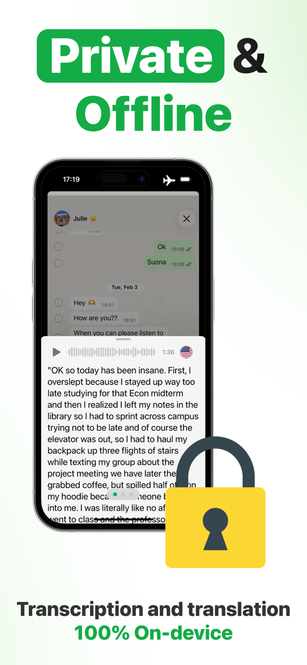 Private and offline voice transcription, 100% on-device on iPhone
