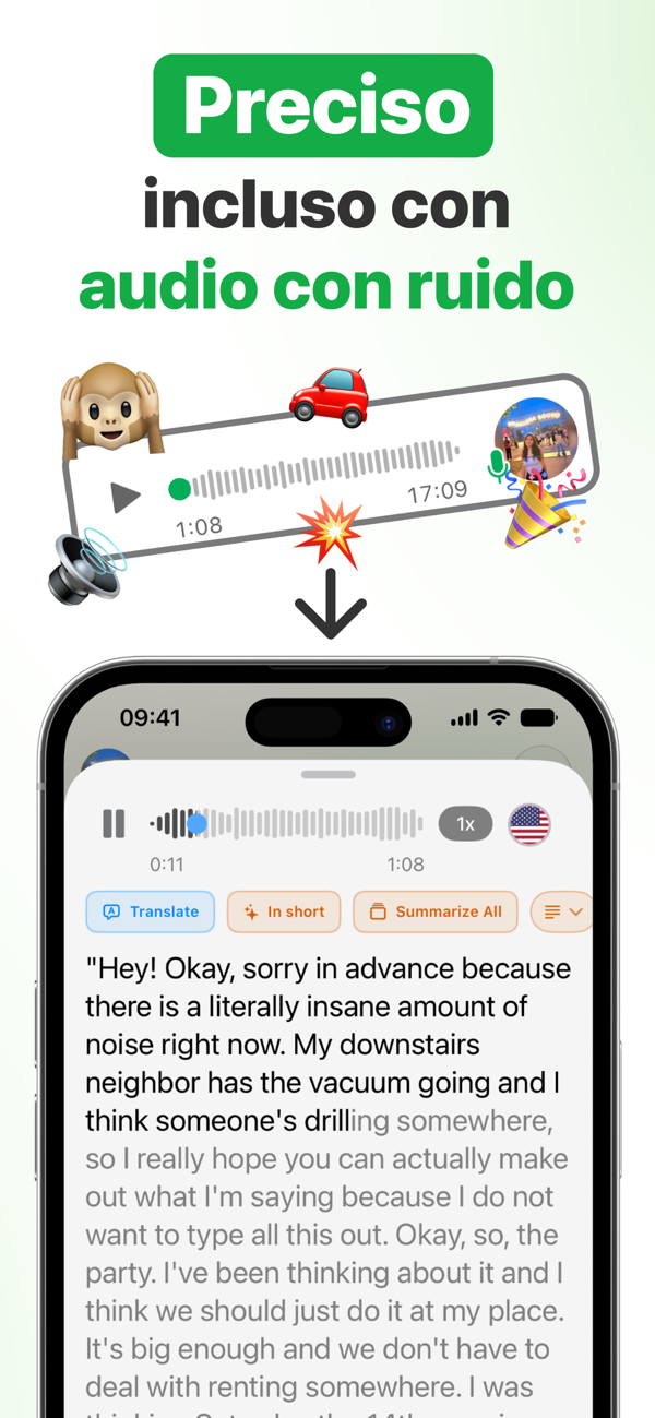 Transcripción precisa de una nota de voz de WhatsApp incluso con ruido de fondo