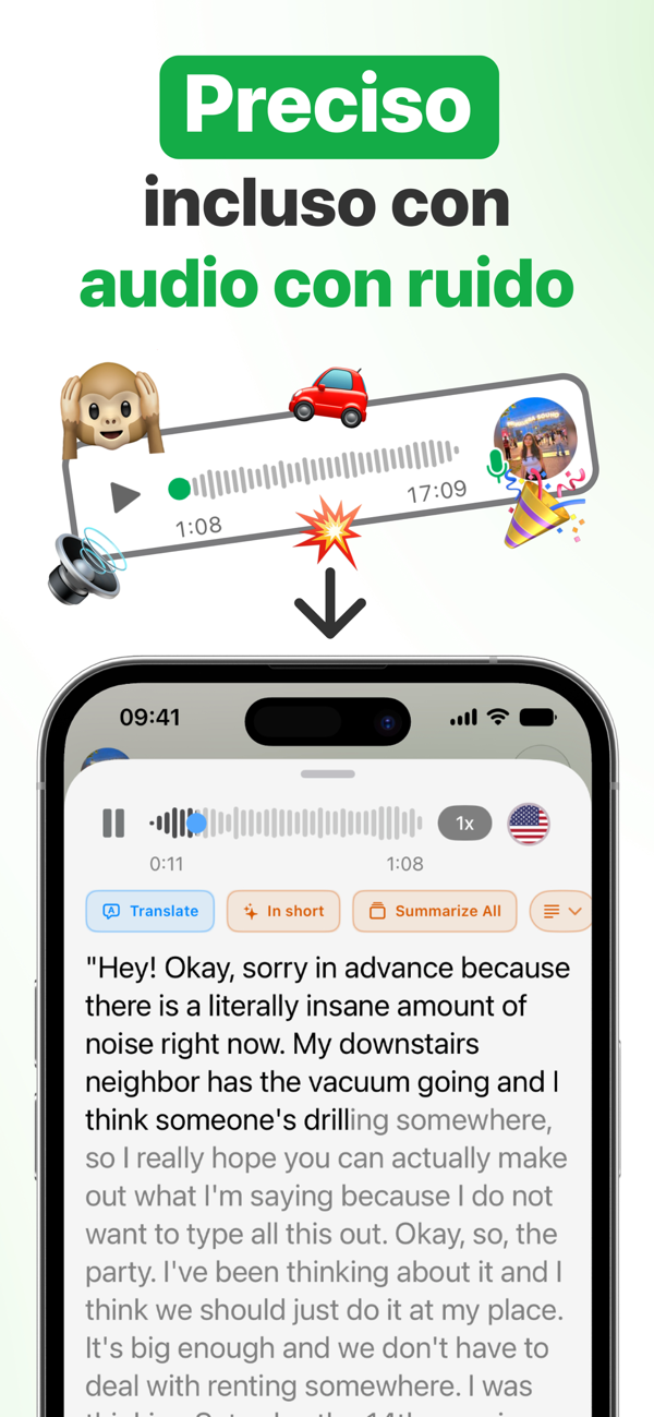 Transcripción precisa de un audio de WhatsApp incluso con ruido de fondo