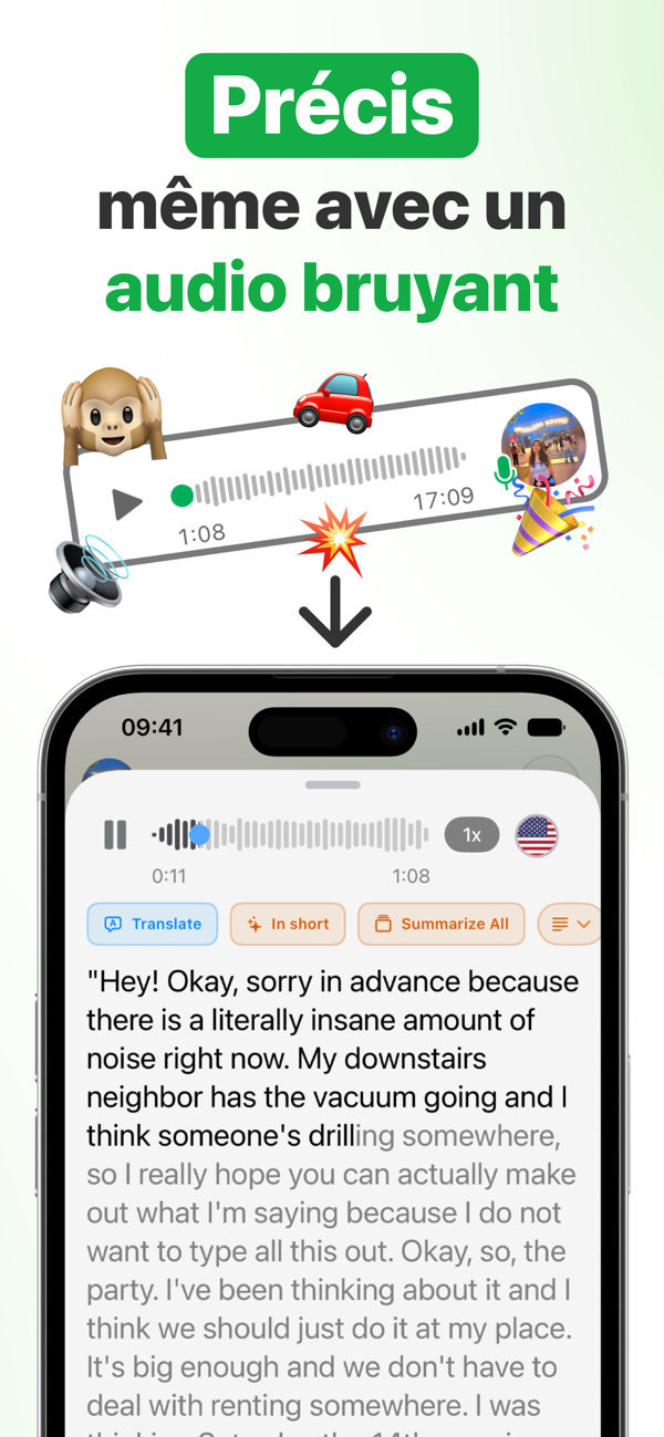 Transcription précise d'un message vocal WhatsApp même avec du bruit de fond
