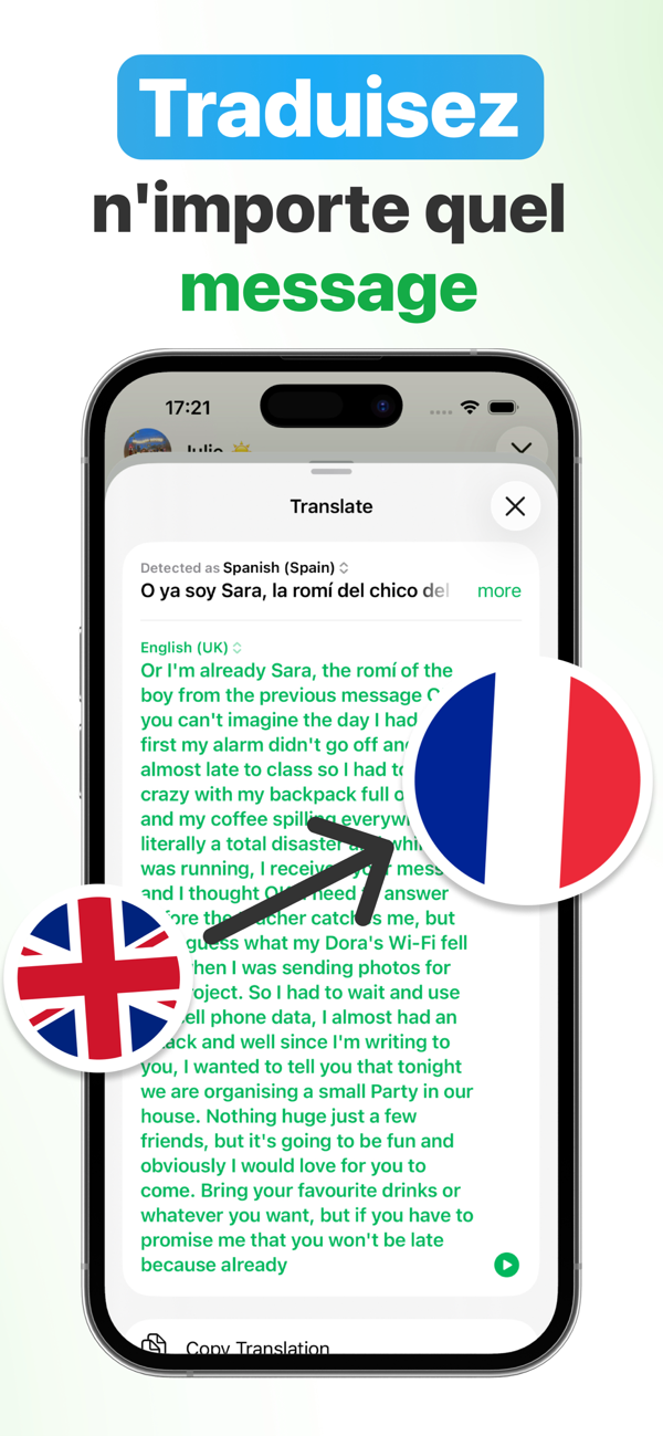 Message vocal WhatsApp traduit de l'espagnol vers le français en temps réel