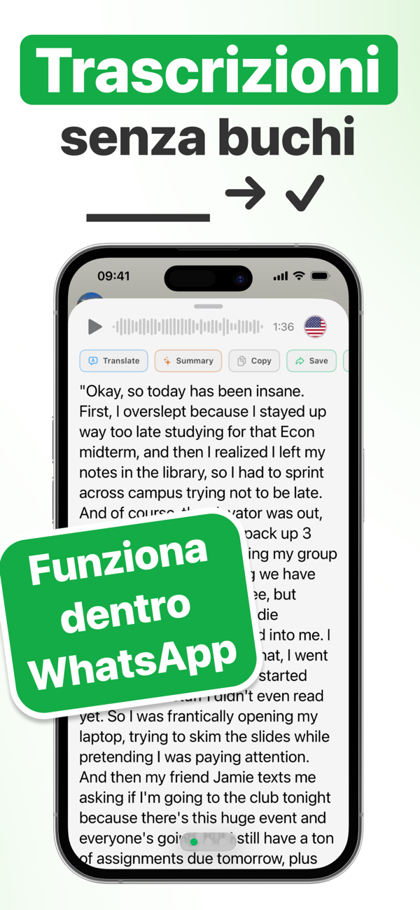 Trascrizione completa di un vocale WhatsApp senza parole saltate