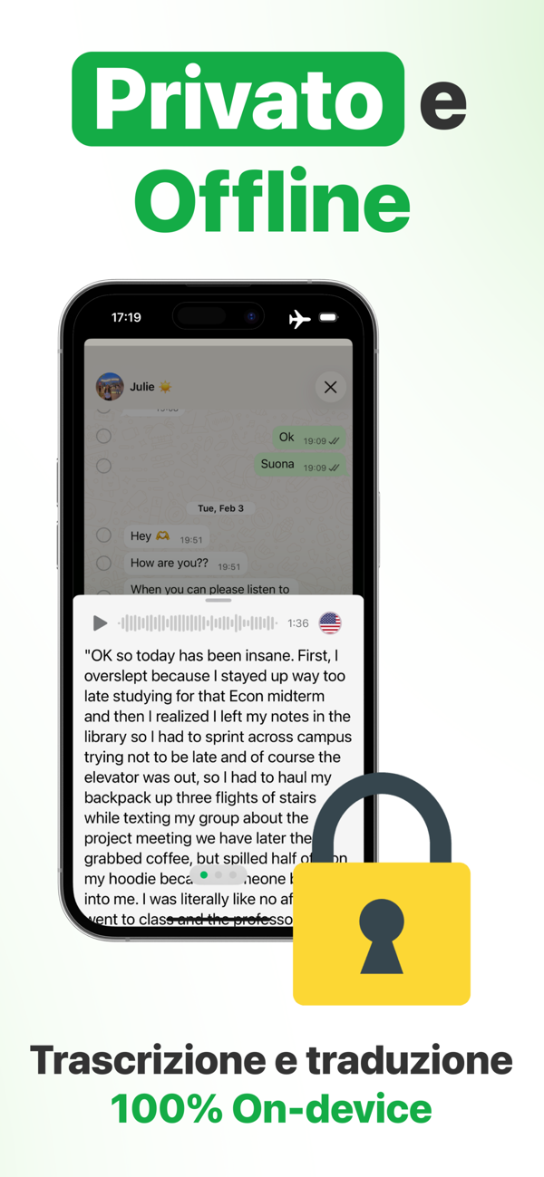 Trascrizione vocali privata e offline, 100% on-device su iPhone